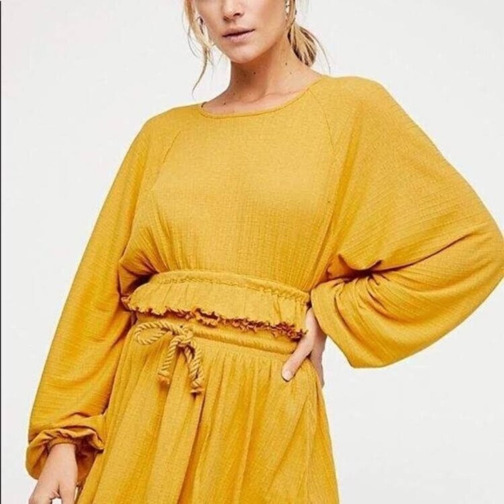 Free People Beach Womens Sweet Lady Top Shirt XS Yellow Cropped Peasant Boho